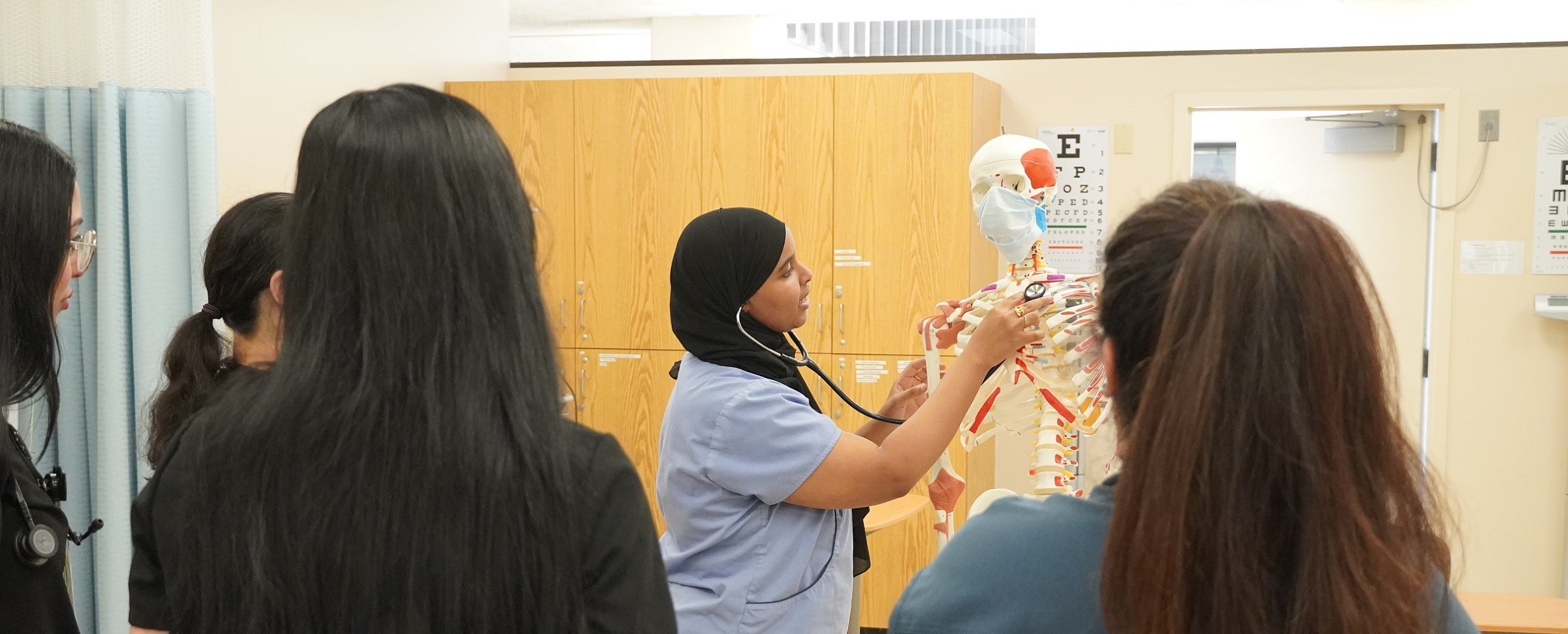 Nursing students observing a model skeleton